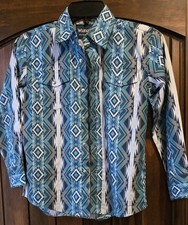 Wrangler Boys Youth Western Shirt Medium Aztec Native Blue Snap Long Sleeve Retr