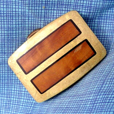 Exotic Wood Inlay Brass Dress Belt Buckle Boho Hippie Vtg 70s Trinity    .QRT342