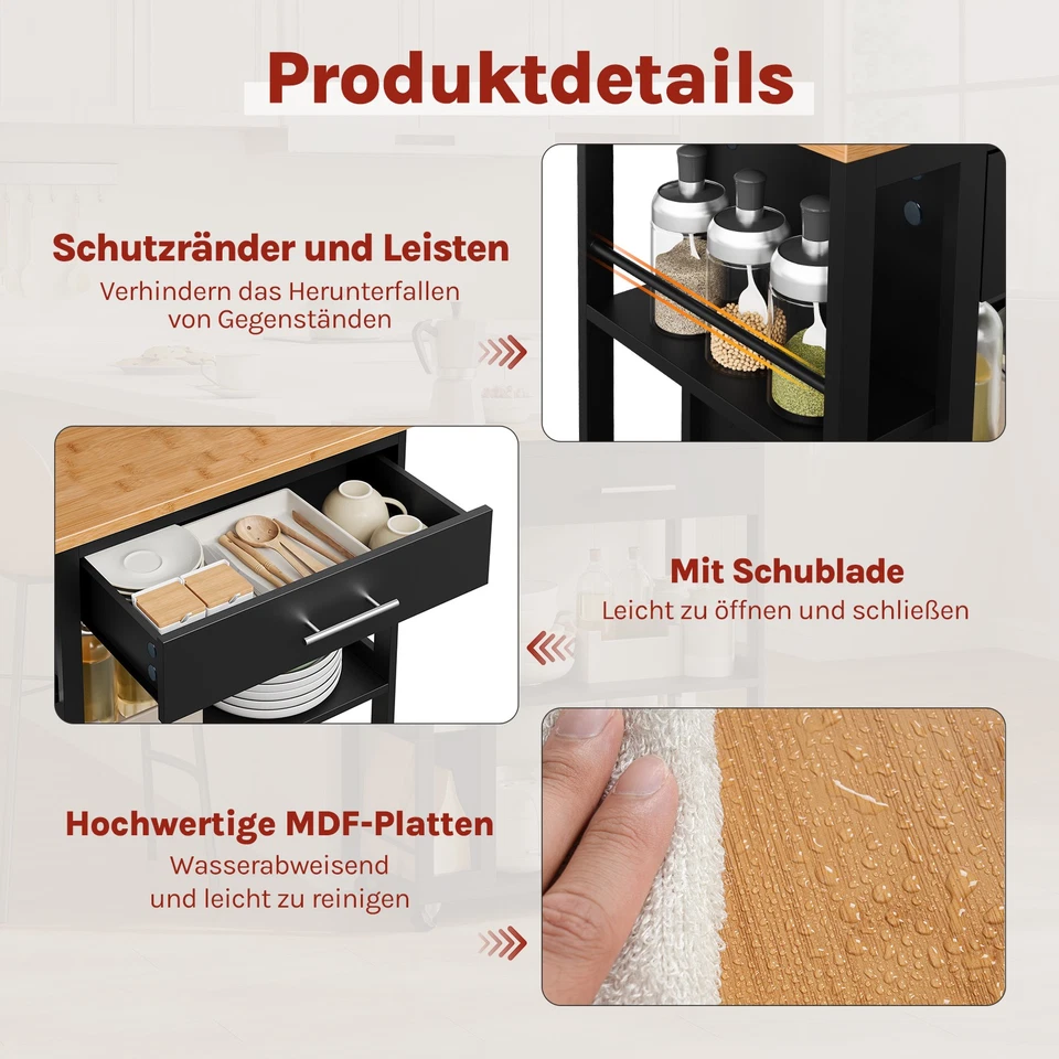 WOLTU Rollwagen Küchenwagen Servierwagen mit Arbeitsplatte Rollregal 73x88x38 cm - Bild 4 von 4