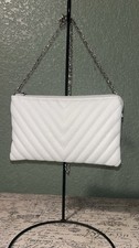 White quilted crossbody bag with 3 pockets, card slots, silver chain glamour