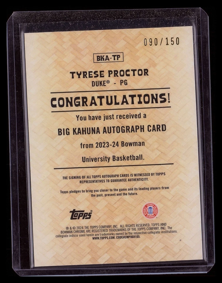 2023-24 BOWMAN U TYRESE PROCTOR BIG KAHUNA AUTO /150 - Image 2 of 2