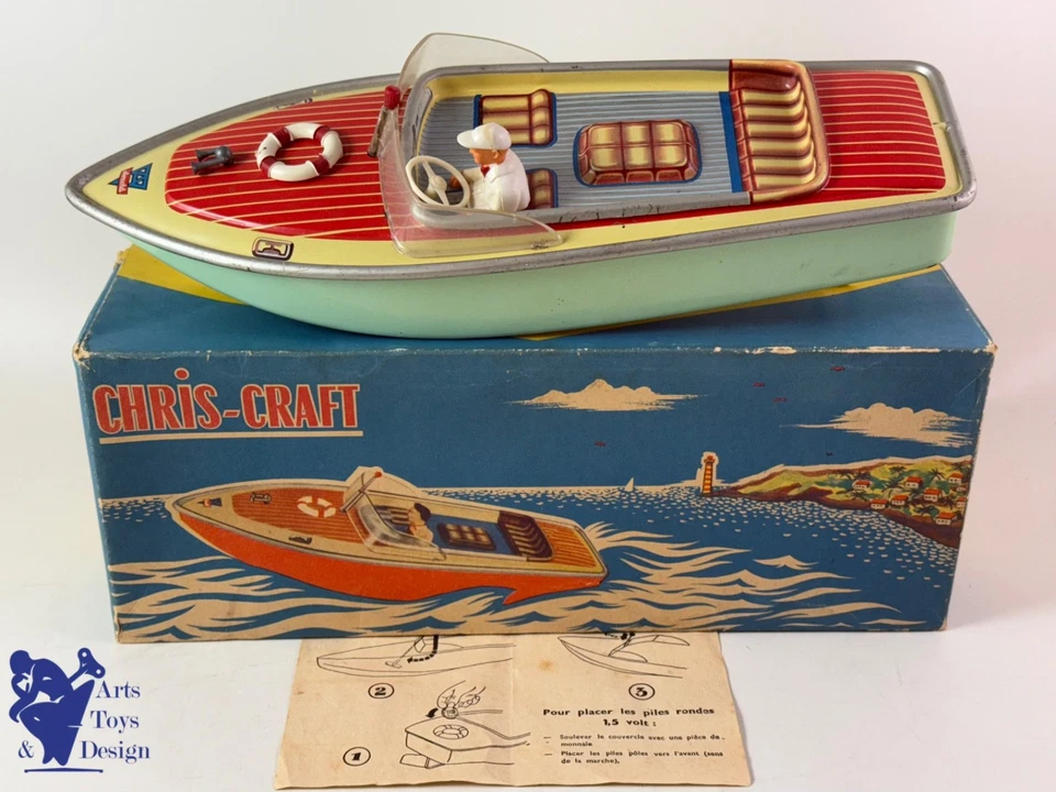 JOUET ANCIEN ARNOLD FRANCE BATEAU JOUET CHRIS CRAFT 1960 30CM BATTERY OP - Photo 1/4