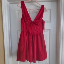 francesca's Red Solid V-Neck Sleeveless Mini Fit & Flare Dress Tie Zip M