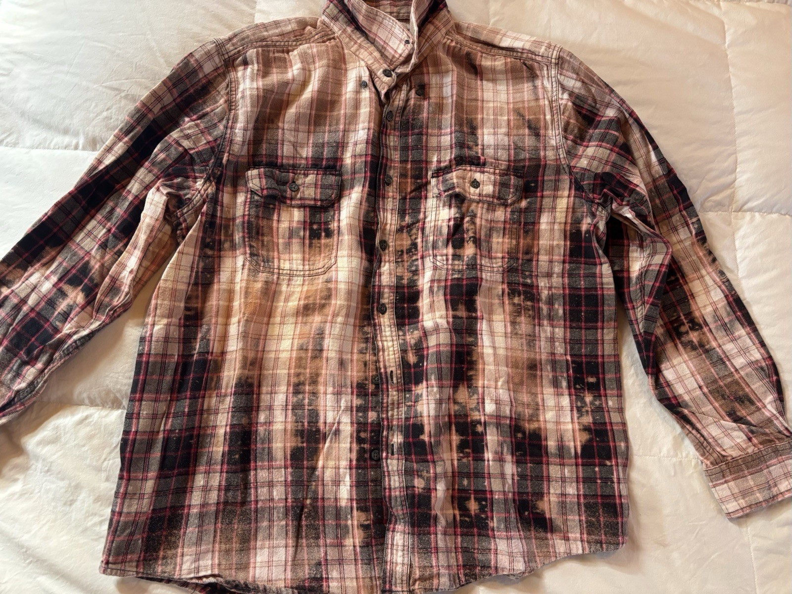 Oversized bleached Plaid Flannel Button-Down Shir… - image 1