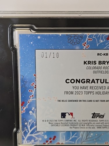 2023 Topps Holiday KRIS BRYANT 1/10 SILVER METALLIC RELIC SGC 9.5 - Picture 2 of 8