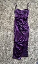 Windsor Purple Satin Ruched Bodycon Midi Dress S Spaghetti Straps Side Slit
