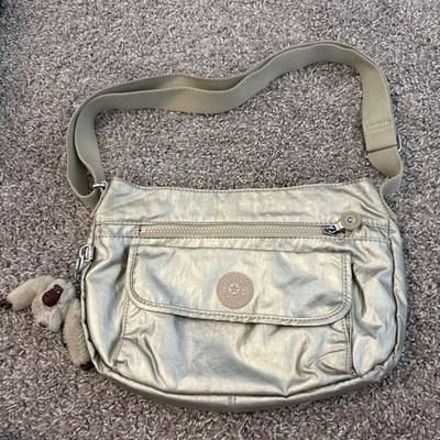 Kipling Metallic Gold Shoulder Bag Zip Adjustable Strap Pockets Monkey Charm