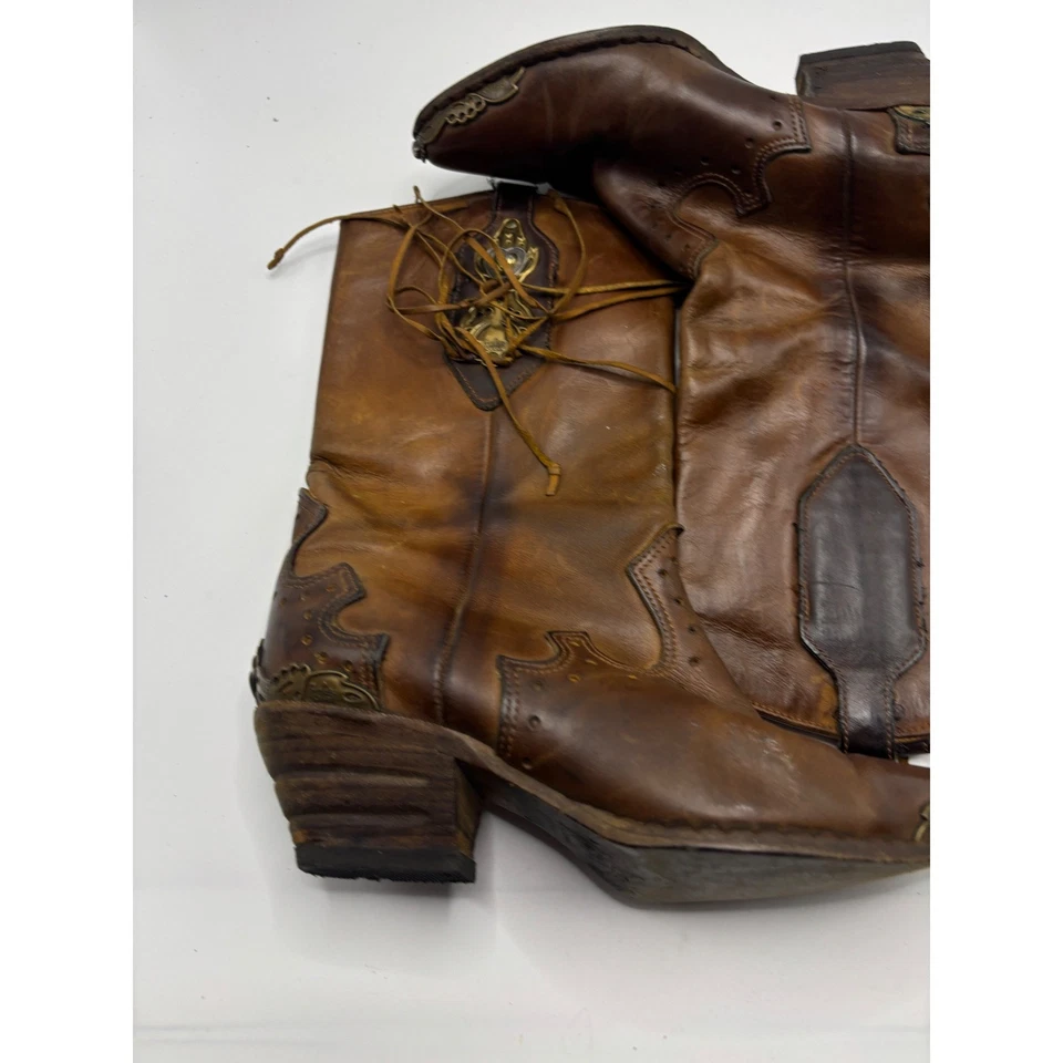 复古 Zodiac 棕色皮革牛仔靴 西式黄铜装饰 6 — 第 3/4 张图片