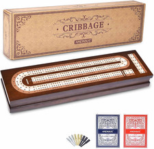 AMEROUS Wooden Cribbage Board Game Set with Magnetic Lock - Metal Pegs - 2 Playi
