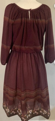 VTG 80s Liz Roberts Midi Dress Size 8 Eggplant Floral Polka Dot Elastic Waist