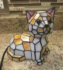 Vtg Tiffany Style Stained Glass Cat Lamp Bobble Head Accent Kitty 8" Night Light