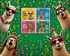Zany Llamas 2026 Artistamps x 4 funny Llama quotes : Faux Postage Journals Arts