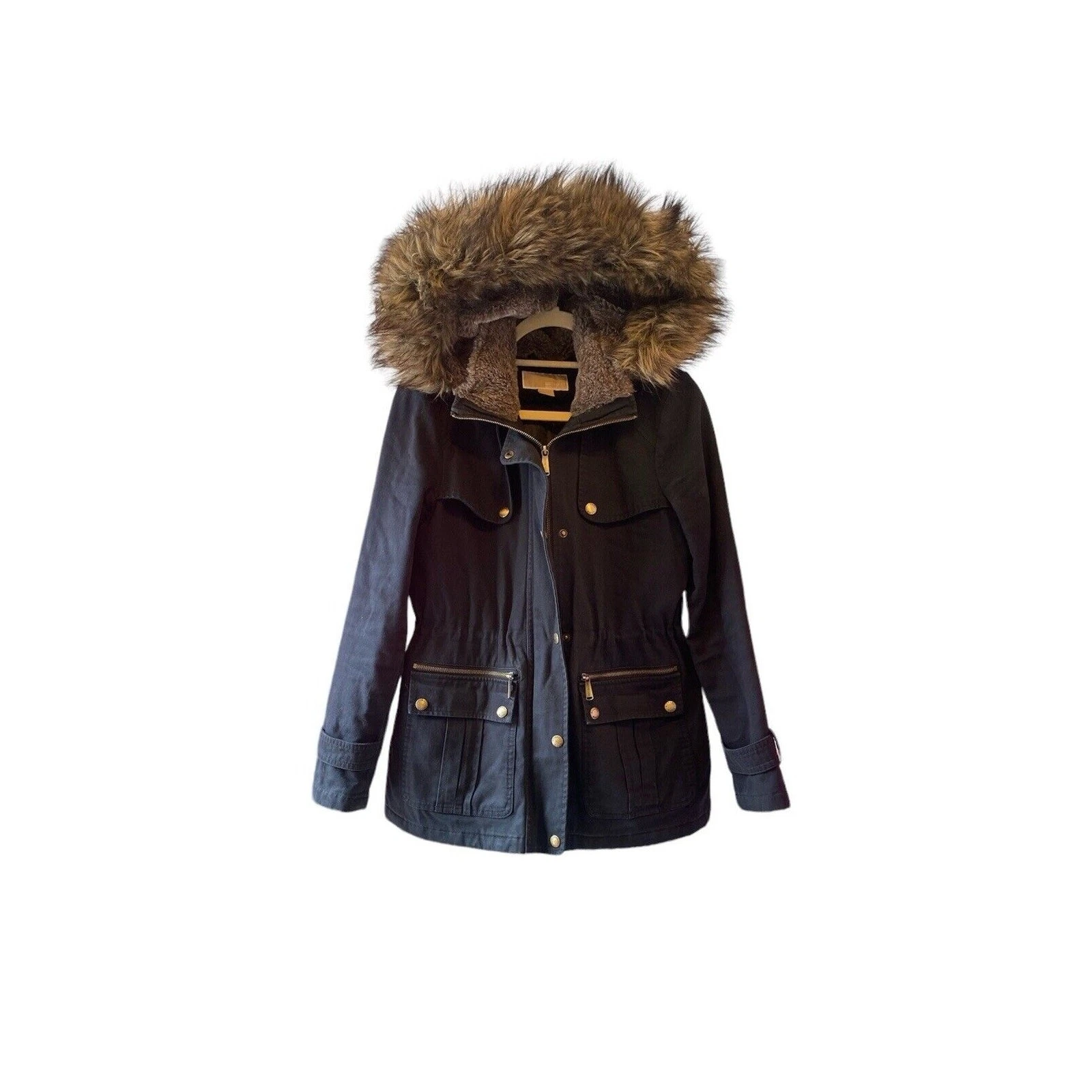 Giacca Michael Kors donna piccola nera con cappuccio parka invernale zip con bottoni a pressione