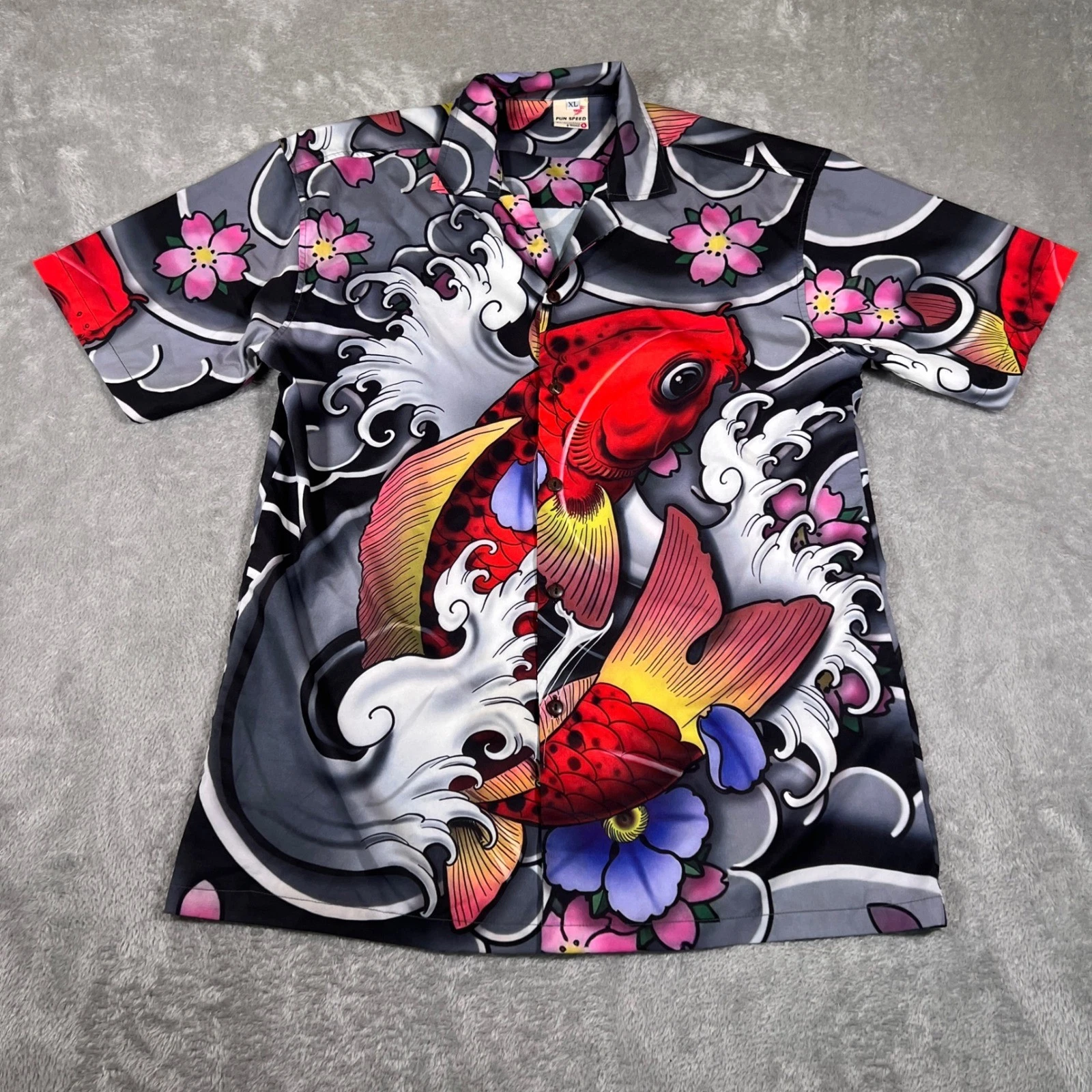 Pun Speed Shirt Mens XL Gray Koi Fish Button Up Short Sleeve Collared Y2K
