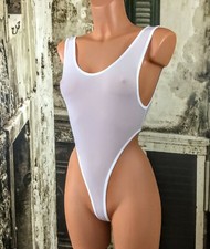 Sexy white stretchy thong leotard one-piece semi sheer yoga body S/M R96