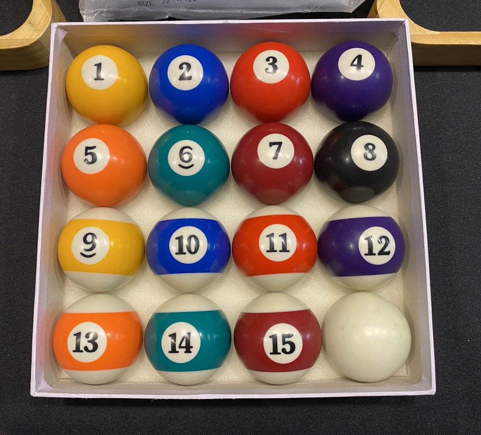 Complete Pool Ball Set with Two Wooden Racks and Clear Plastic Pool