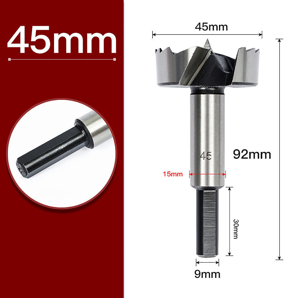 45 Mm Forstner-Bohrer Mit Sechskantschaft – Für Holz, Kunststoff, Gipskarton, Senkbohrungen, Holzbearbeitung