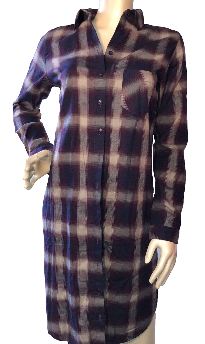 Garnet Hill NWOT Cotton Flannel Long Shirt Dress Blue Burgundy