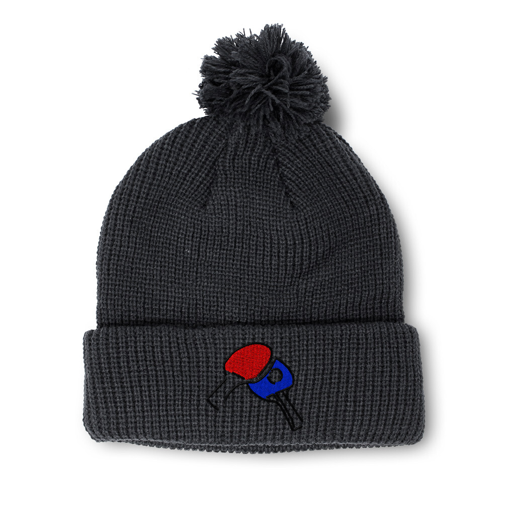 Women's Pom Pom Beanie with Ping-Pong Paddles Embroidery Acrylic Skull Cap