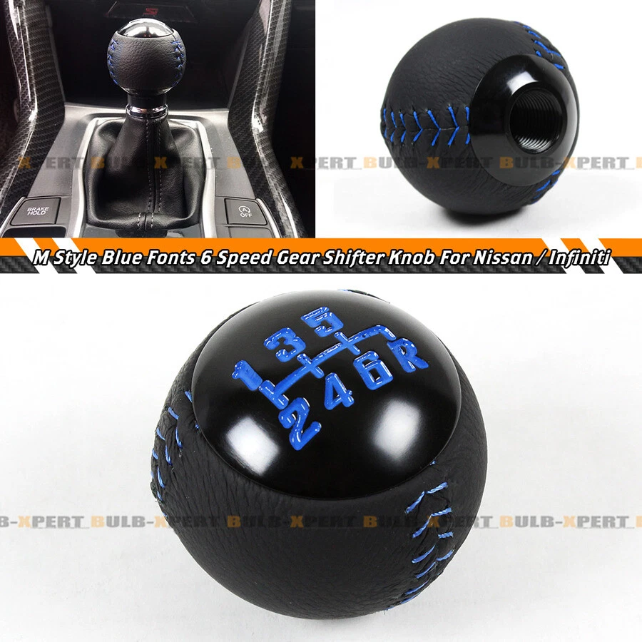 Perilla de cambio manual redonda de 6 velocidades de cuero con costura azul para Nissan Infiniti Foto 2 de 4