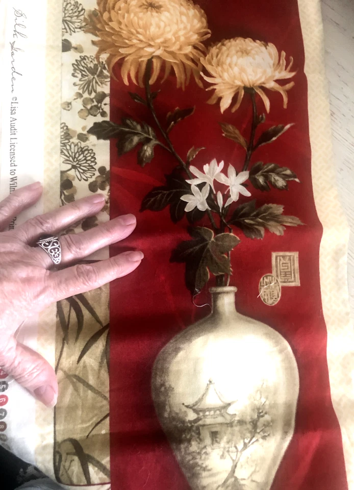 2/3Yd 44WX23L "Silk Garden" Floral Lisa Audit Wilmington Burgundy Red Tan FABRIC - Image 2 of 4