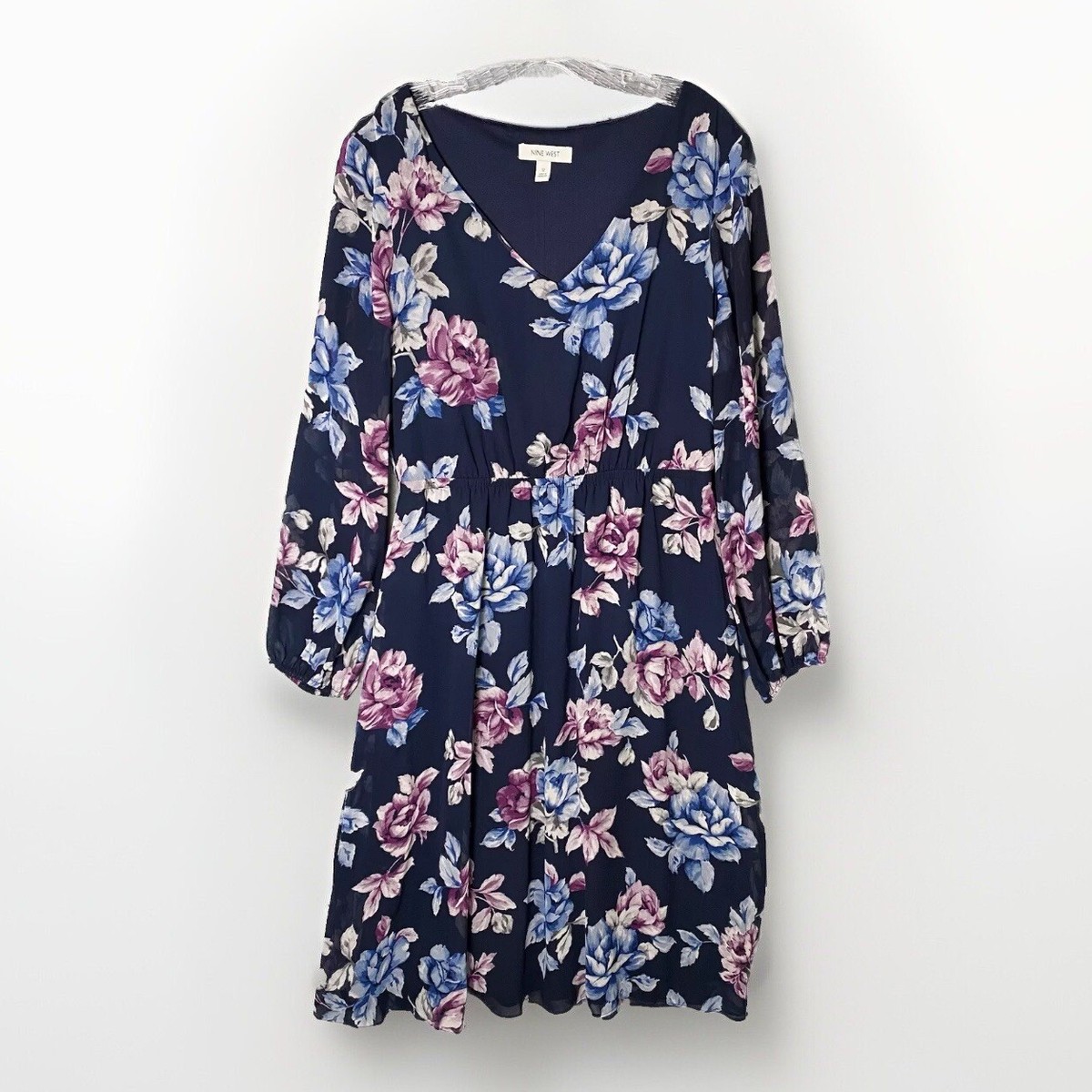 Nine West Dress Women Size 12 Navy Floral Long Sleeve Boho Midi