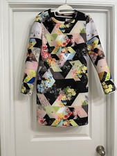 NWT Geometric Print Floral Long Sleeves Sheath Dress Multicolor Women Size S