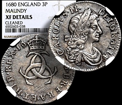 CHARLES II. / GREAT BRITAIN  1680, Æ Silver Maundy 3p Coin, NGC XF + COA GGcoins