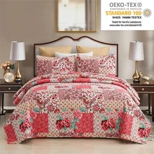 3 Piece Queen King Quilt Set Floral Printed Lightweight Bedspread Bedding Set