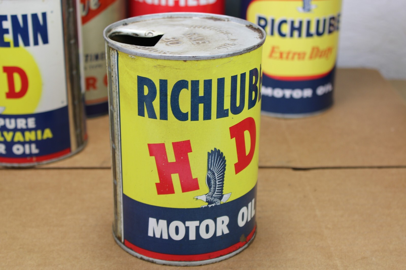 RARE NICE 1940s era RICHFIELD RICHLUBE MOTOR OIL Old Solder Seam Tin