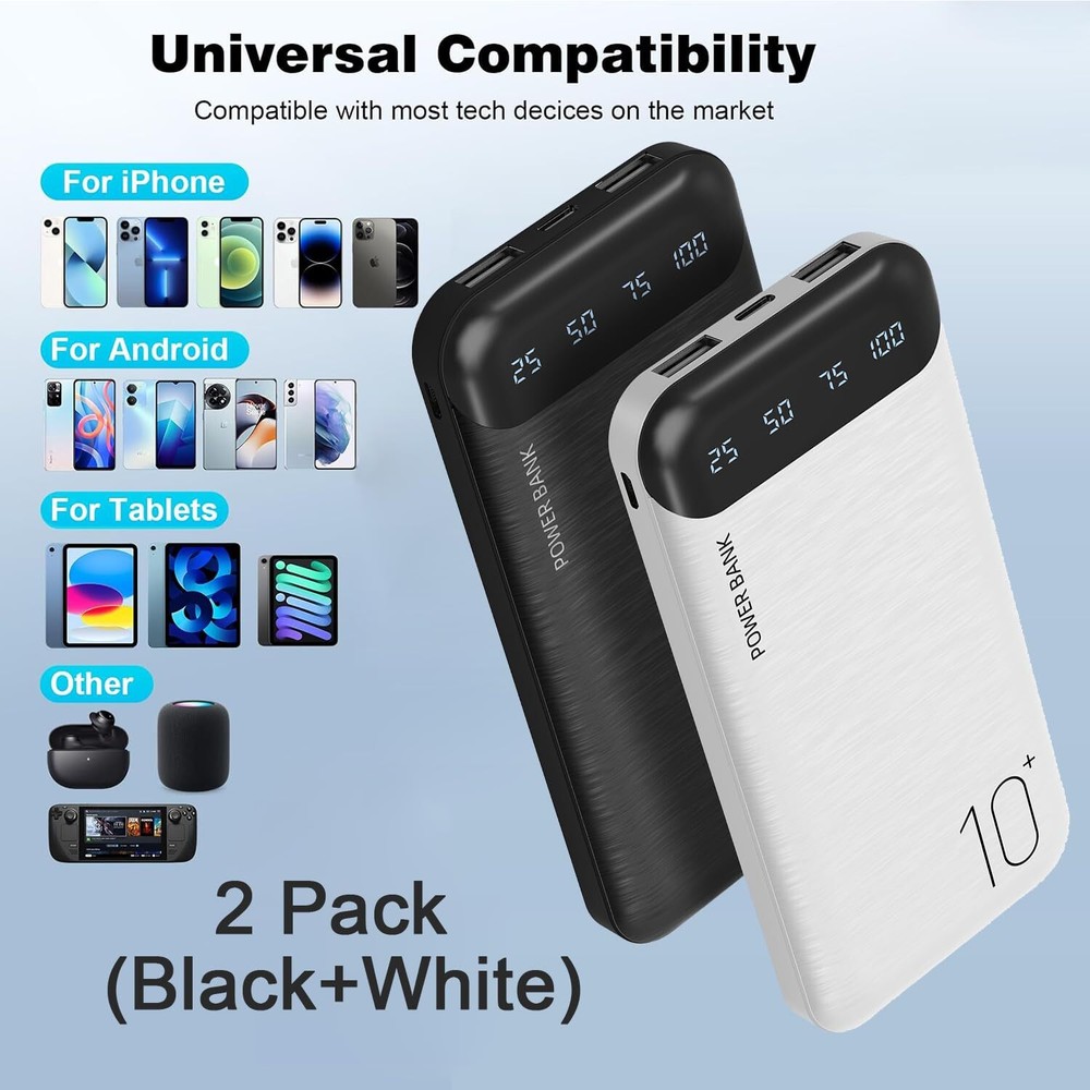 Power Bank 2-Pack 10000mAh Slim Portable Charger Dual External Battery Pack with Fast Charging for Phones Tablets and More