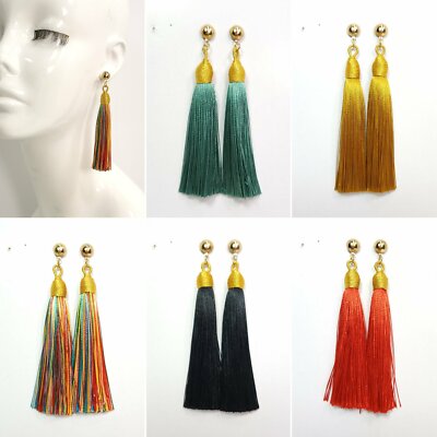 E0263 Gold Tone Long Straight Thread Tassel Drop Dangle Post Earrings