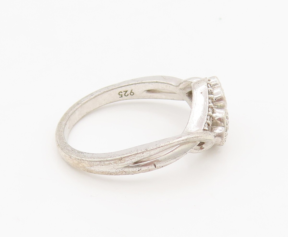 925 Sterling Silver Vintage Swirly Hearts Inlay Diamonds Ring Sz 7