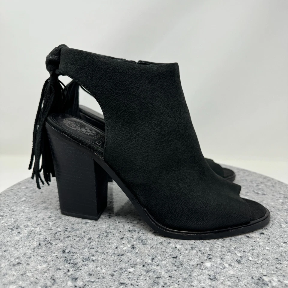 Vince Camuto Booties Womens 9 Black Leather Block Heel Fringe Open Toe Kyleena - Image 3 of 4