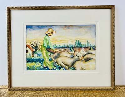 Vintage Watercolor Farm Herder Landscape Gold Framed Painting Folk Art