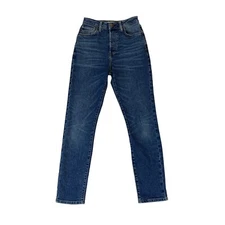 Forever 21 High Waist Straight Leg Jeans Womens 24 Blue Whiskered Button Fly