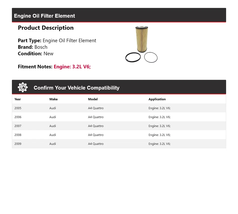 Масляный фильтр премиум-класса для Audi A4 Quattro 3,2 л V6 Bosch 2005-2009 годов выпуска 2006 2007 2008 годов выпуска - Изображение 2 из 3