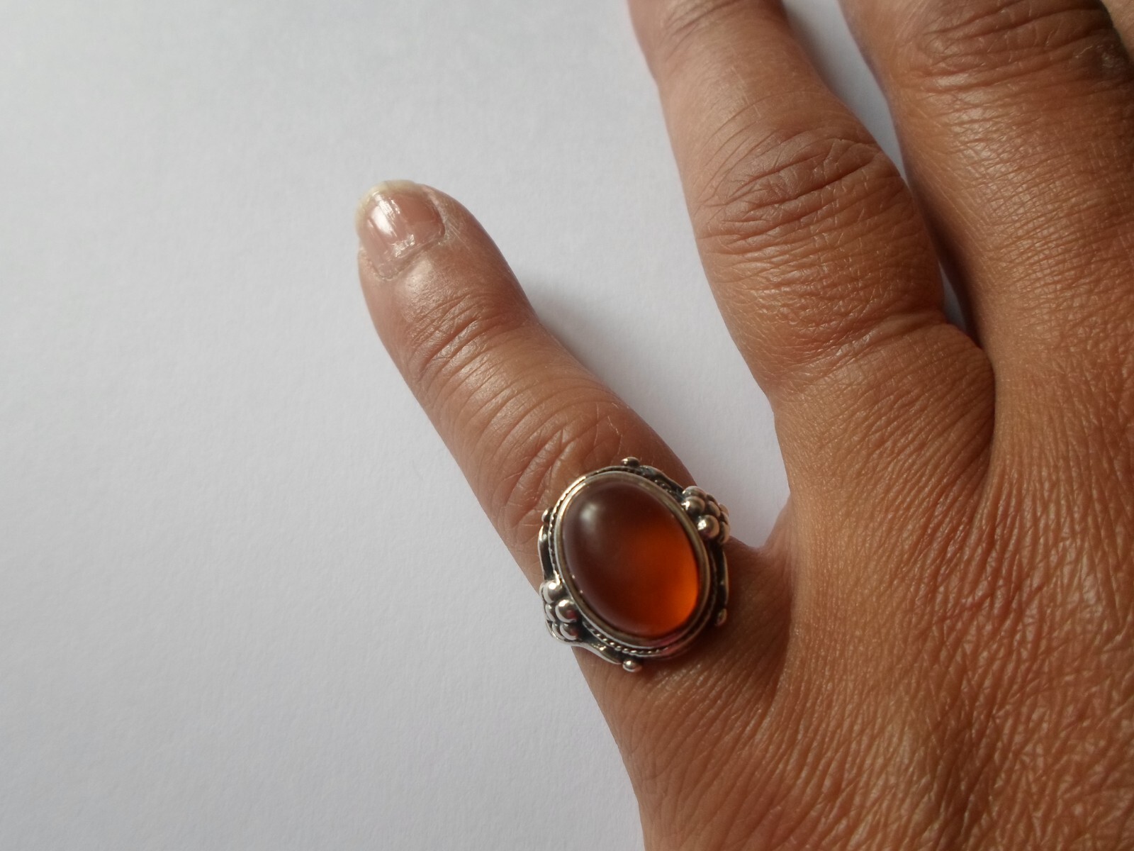 solid silver ring, amber cabochon, flower outline… - image 3