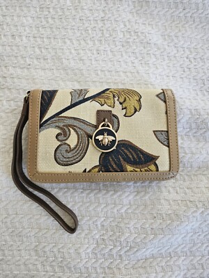 Spartina 449 Floral Bee Pendant Linen and Leather Wristlet Wallet