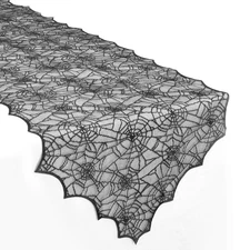 72-Inch Long Black Lace Spider Web Halloween Table Runner for Party Decor