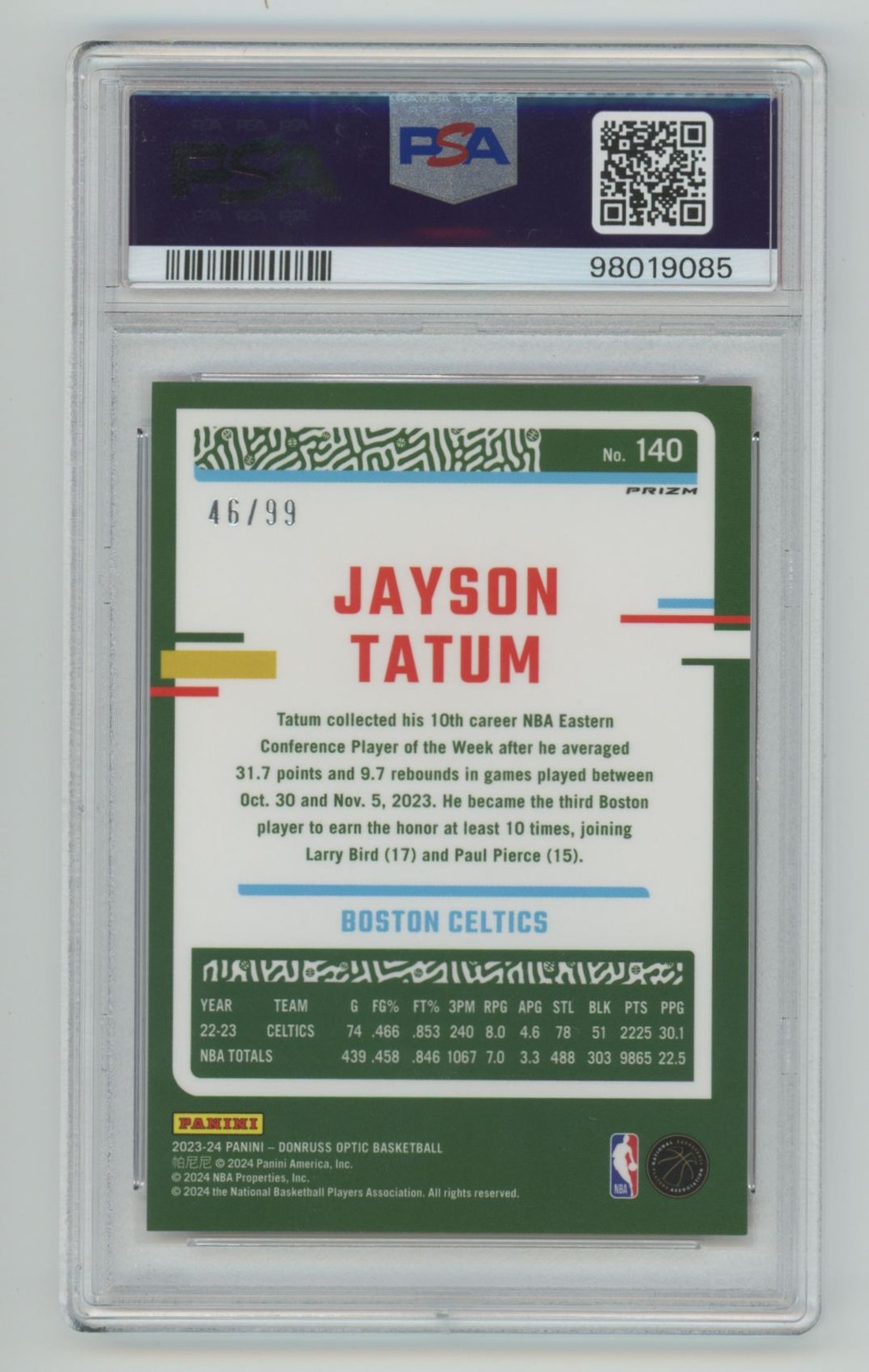 2023-24 Donruss Optic Red Jayson Tatum PSA 9 Boston Celtics #140 /99 view 2