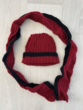Hand Knitted Red, Black Hat  Scarf