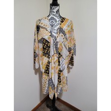 Mixed Floral Geometric Patchwork Kimono Cardigan Yellow Black White OS