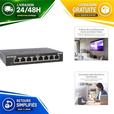 NETGEAR GS308 Commutateur Ethernet 8 Ports RJ45 Gigabit Plug-and-Play - Photo 1/4