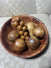 Wooden Carved Bowl With Variety of Wooden Fruits Centerpiece -9.75 Inch Diameter
