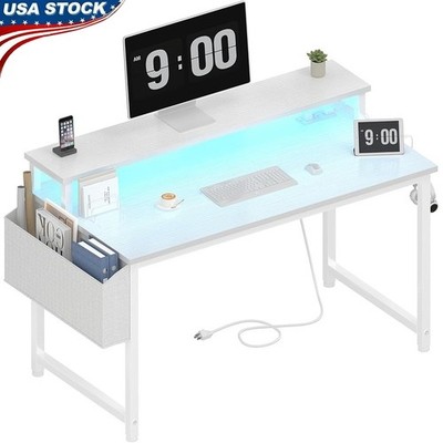Multi-functional Gaming Desk W/ LED Lights Power Strip Monitor Stand USB Ports