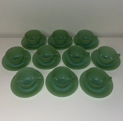 Vintage Fire King Jadeite Tea Cup & Saucer Lot Of 10!! Jane Ray Ribbed!! USA!!