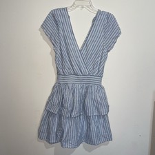 American Eagle White Blue Cotton Linen Stripe Ruffle Layer S Dress Tie Coastal
