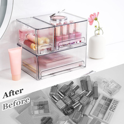 Clear Stackable Makeup Organizer, 3 Pack Plastic Drawer Storage with Handle f...
