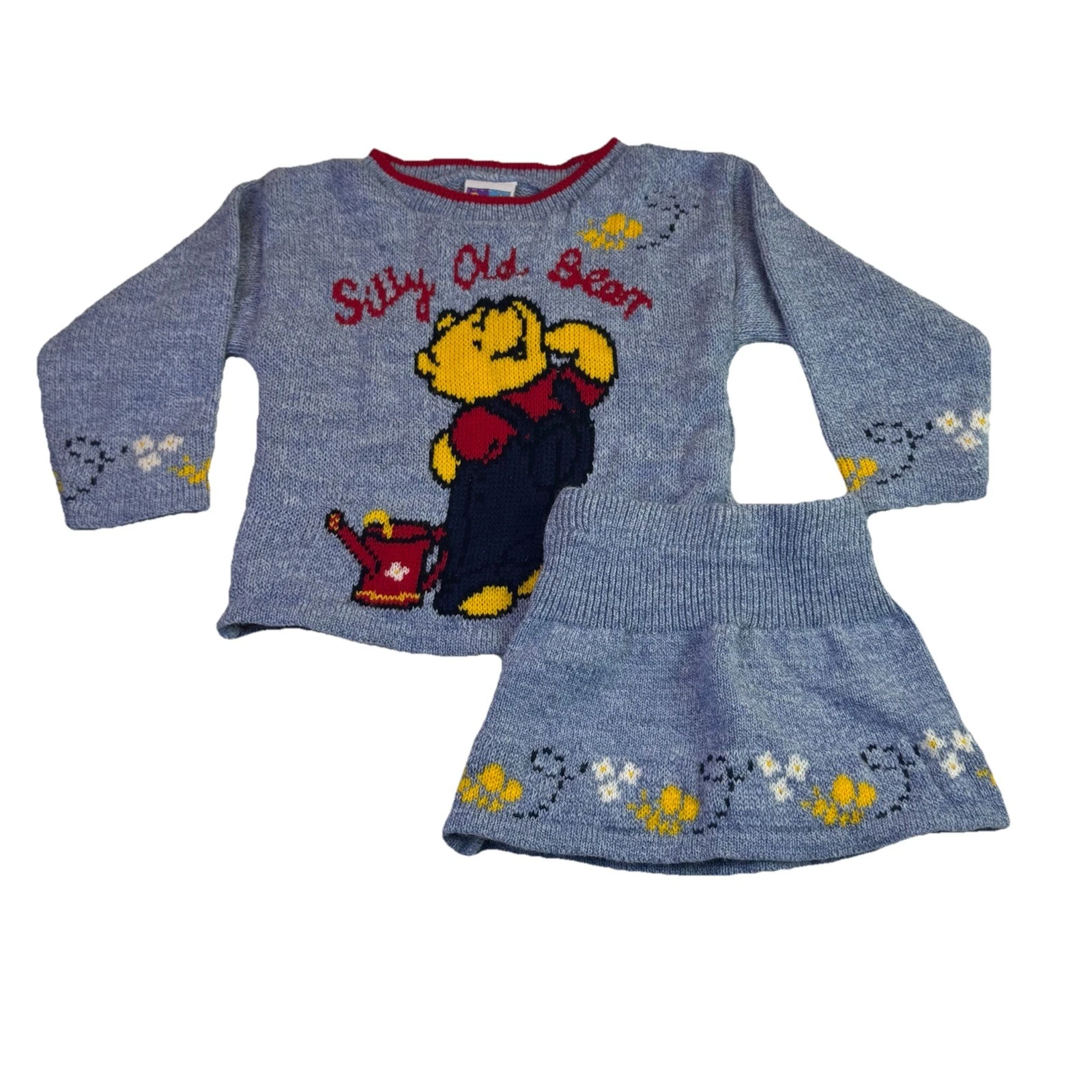 Vintage Y2K Disney Winnie the Pooh Toddler Outfit Sweater Skirt Set Small 2T